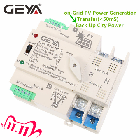 NEW GEYA on-Grid Photovolatic Power Automatic Transfer Switch Din Rail 2P 63A 100A AC220V ATS PV System Power Use Only ► Photo 1/6