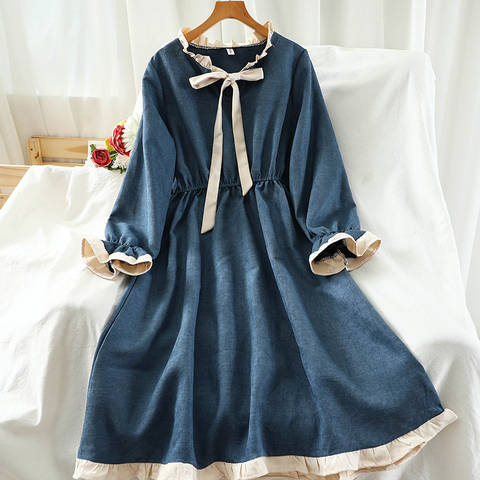 Korean Dress Winter Autumn Long Sleeve Dress Woman Vintage Kawaii Ruffle Dresses For Women Mori Girl Oversize Clothes 2022 Blue ► Photo 1/6