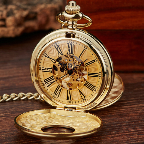 Vintage 2 Sides Open Case Mechanical Men's Watch Double Face Roman Dial Clock Hand Wind Pocket Watch With FOB Chain Gift ► Photo 1/6