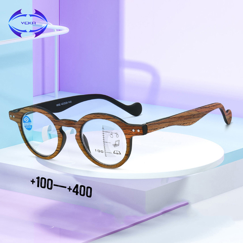 VCKA Progressive multifocal Men Women Frameless Reading Glasses Anti-blue light Round Eyewear Wood grain Frame +1.00 to +3.50 ► Photo 1/6