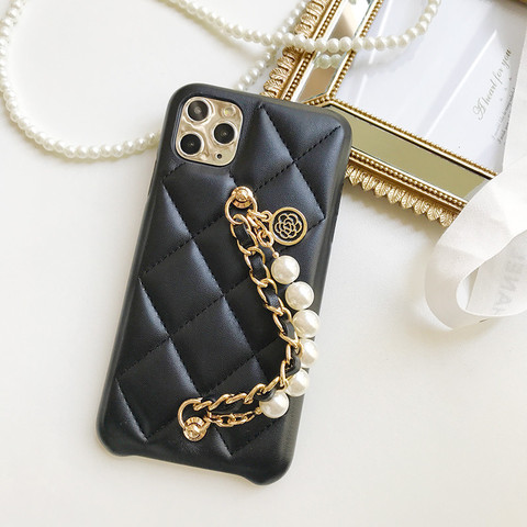 Pearl Leather Wrist Chain Hand Strap Flower Pendant Lambskin Leather Case Cover For Iphone 11 Pro XS Max XR X 8 7 6 6S Plus SE ► Photo 1/6