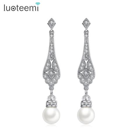 LUOTEEMI Fashion Elegant Jewelry Micro Inlay AAA Cubic Zirconia Imitation Pearl Dangle Earrings for Women Wedding Accessories ► Photo 1/6