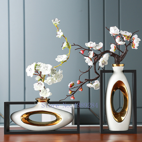 Chinese Style Creativity Ceramic Vase Wooden Frame Retro Openwork Vase Modern Home Flower Arrangement Decoration Flower Vases ► Photo 1/6
