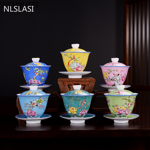 NLSLASI Jingdezhen ceramics Gaiwan Exquisite Enamel Color Handmade Tea Bowl Hand painted flower and bird Teaset 150ml Drinkware ► Photo 1/6