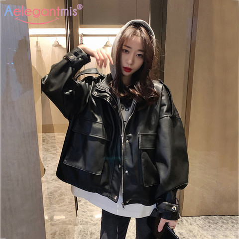 Aelegantmis Oversized Women Black Pu Leather Jacket Loose Hooded Faux Leather Jacket Lady Basic Casual Coat Plus Size Outerwear ► Photo 1/6