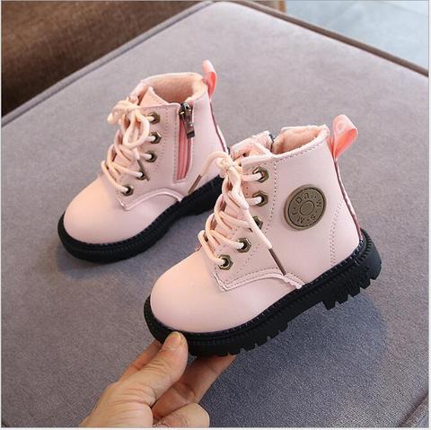 2022 Autumn/Winter Children Boots Boys Girls Leather Martin Boots Plush Fashion Waterproof Non-slip Warm Kids Boots Shoes 21-30 ► Photo 1/6