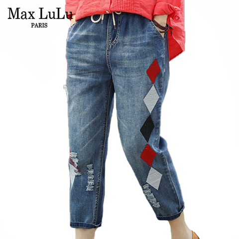 Max LuLu 2022 Fashion Summer Ladies Luxury Embroidery Jeans Womens Vintage Ripped Denim Trousers Loose Holes Elastic Harem Pants ► Photo 1/6