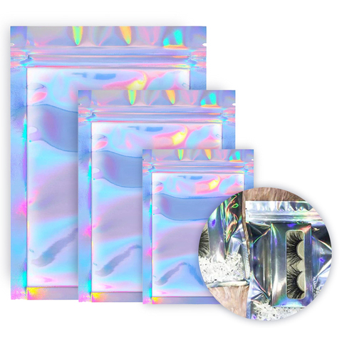50/100/200pcs Holographic Laser Translucent Zip Lock Packaging Resealable Eyelashes Storage Bag Pouch Cosmetic Box For Wholesale ► Photo 1/6