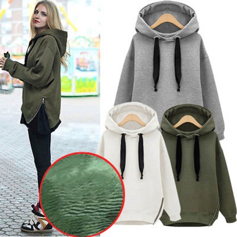 40# Winter Warm Hoodies Women's Hooded Long Sleeve Solid Plush Soild Color Hooded Sweatshirt Medium Length Tops Свитшот Женский ► Photo 1/6