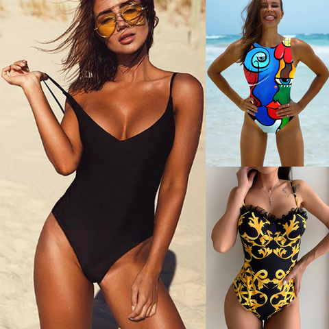 2022 Sexy One Piece Swimsuit Women Swimwear Female Solid Black