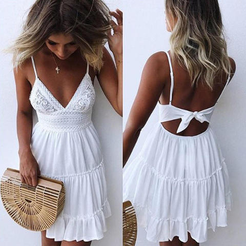 Summer Women Summer Dress Sexy Bow Backless V-neck Mini Beach Dresses Sleeveless Mini Ruffle White Summer Beach Dress ► Photo 1/6