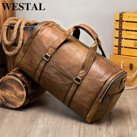 WESTAL Men Travel Bag Large Leather Duffle Bag Men Vintage Genuine Leather Travel Bags Hand Luggage Man Shoulder Bags Gym   7415 ► Photo 1/6