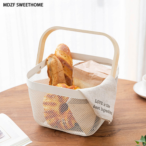 MDZF SWEETHOME Metal Food Storage Basket With Wood Handle Kitchen Bathroom Draining Fruit Vegetables Sundries Basket Gadget ► Photo 1/6