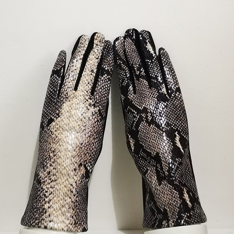 Women Touch Screen Gloves Winter Faux Animal Leather Snakeskin Pattern Driving glove Suede Velvet Thicken Warm Leopard Glove H87 ► Photo 1/5