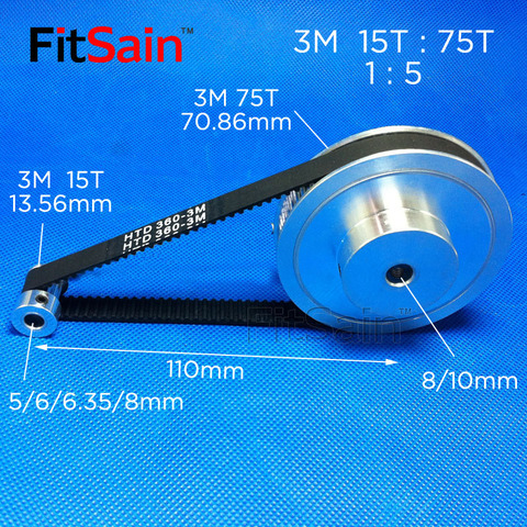 FitSain-3M 15T:75T 1:5 pulley synchronous wheel deceleration timing belt bandwidth 10 holes 5/6/8/10/12mm ► Photo 1/6