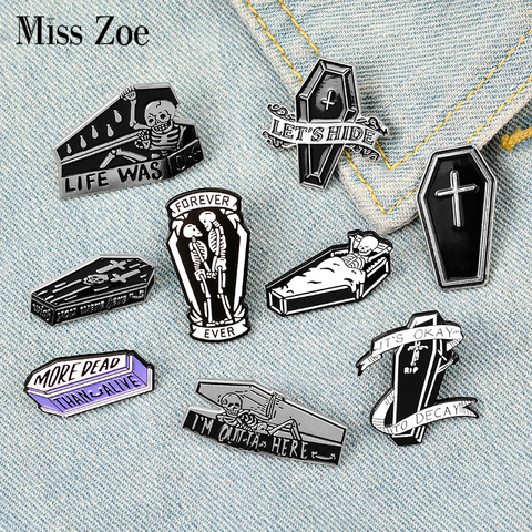Let's Hide Enamel Pin Badge Custom Stay in Coffin Brooches Lapel Pin Jeans shirt Bag Dark Halloween Skeleton Jewelry Gift ► Photo 1/6