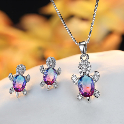 Blue Purple Oval Zircon Turtle Stud Earrings and Chain Necklaces For Women Wedding Jewelry Sets Rainbow Crystal Stone Bridal Set ► Photo 1/6
