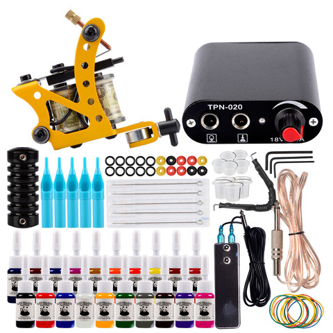 Buy Online Tattoo Kit Complete Tattoo Machine Set Black Power Supply 20pcs Inks Pigment Tattoo Needles Tattoo Accessories Lip Filler Alitools
