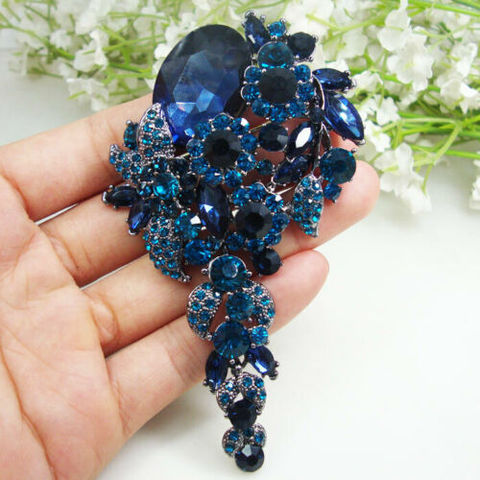 Woman Vintage Flower Cluster Long Pendant Brooch Pin Blue Rhinestone Crystal ► Photo 1/3