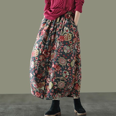 Johnature 2022 Autumn Winter New Warm Women Retro Print Elastic Waist Half Skirts Cotton Linen Chinese Style National Long Skirt ► Photo 1/6