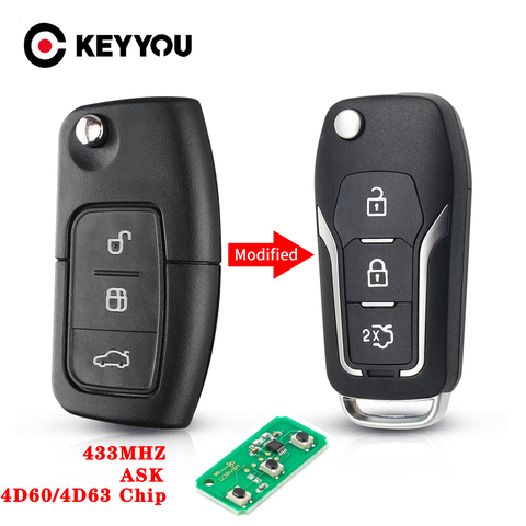 KEYYOU Remote Car Key Control 4D60/63 433MHZ For Ford Fiesta Focus 2 Ecosport Kuga Escape C Max Ka 3 Buttons HU101 Blade ► Photo 1/6