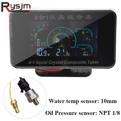 10mm Water temp sensor+1/8 NPT Oil Pressure sensor Digital LCD Car Voltage+Oil Pressure+Water Temperature+Fuel gauge 12V / 24V ► Photo 1/6