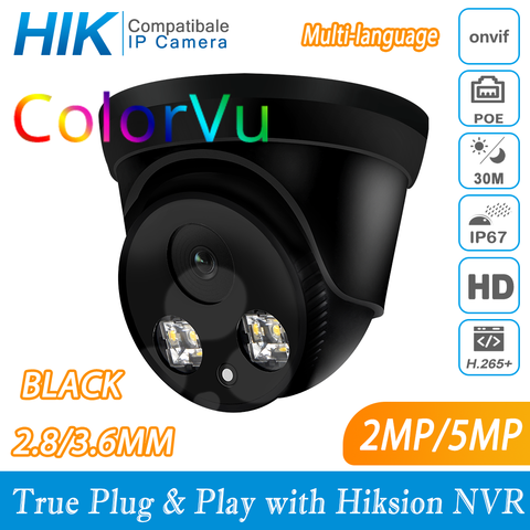 Hikvision Compatible ColorVu Black 5MP Dome POE IP Camera 8MP Home Security CCTV Camera IR 30m ONVIF H.265 P2P Plug&play IPC ► Photo 1/2