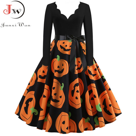 Women Dress Winter Long Sleeve V Neck Pumpkin Print Halloween Costume Party Dresses Casual Vintage Plus Size S~3XL Clothing ► Photo 1/6