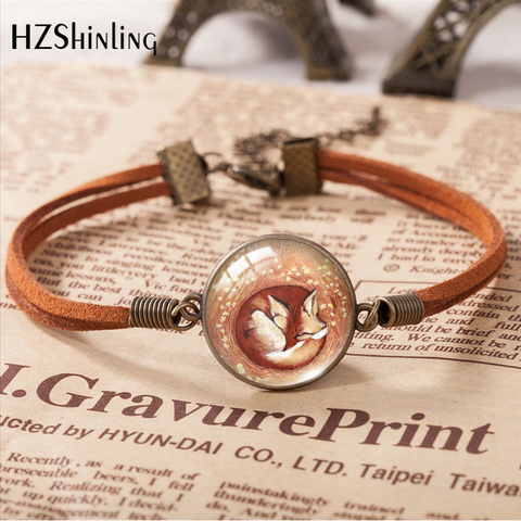 2022  Sleeping Fox Leather Bracelets Round Glass 20mm Cute Pattern Hand Accessories ► Photo 1/6