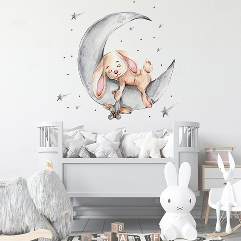 Cartoon Bunny Bear Sleeping on the Moon and Stars Wall Stickers for Kids Room Baby Room Decoration Wall Decals Room Interior ► Photo 1/6