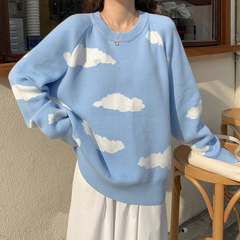 Nomikuma Korean Cartoon Cloud Women Sweater Chic Causal Oversized Knitted Pullover Tops 2022 Autumn New Pull Jumpers ► Photo 1/6