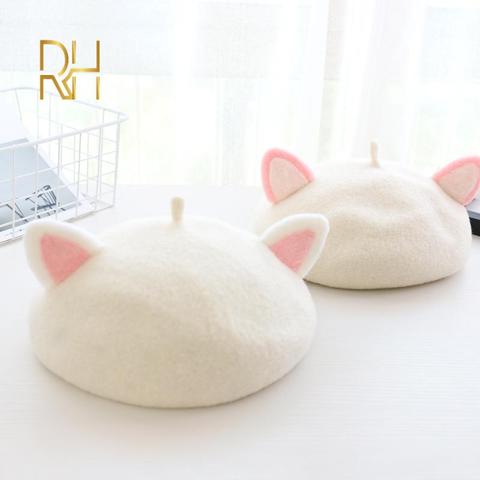 Women's Winter Beret Cap Wool Cute Rabbit Cat Bear Fox ears Blend Casual Warm Painter Hat Handmade Lovely Beret Hat For Girls RH ► Photo 1/6