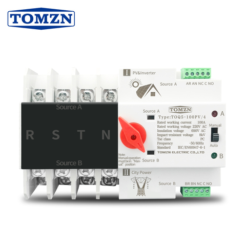 4P 3 Phase 4 wire Din Rail ATS for PV and inverter Dual Power Automatic Transfer Selector Switches Uninterrupted 63A 100A 125A ► Photo 1/6