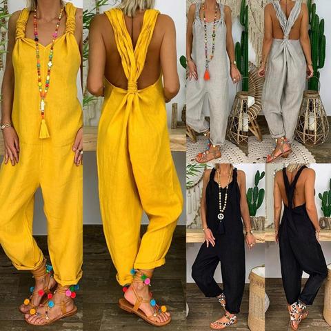 80% HOT SALES！！！Women Solid Color Bib Overall Sleeveless Backless Knotted Jumpsuit Dungarees ► Photo 1/6