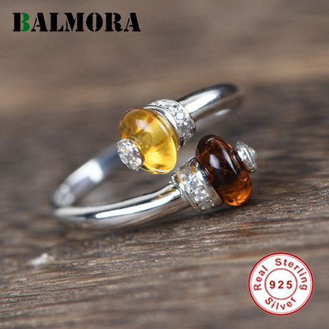 BALMORA Original 100% 925 Sterling Silver Amber Beads Ring For Women Adjustable Open Ring Vintage Finger Ring Daily Jewelry Gift ► Photo 1/6