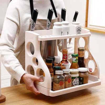 Kitchen floor shelf double-layer kitchen utensils knife rack seasoning rack multi-function storage organizer ► Photo 1/5