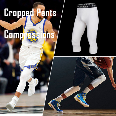 Basketball high-elastic cropped pants white honeycomb anti-collision knee  pads men's sports tight leggings training