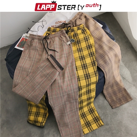 LAPPSTER-Youth Streetwear Black Plaid Pants Men Joggers 2022 Mens Straight Harem Pants Men Korean Hip Hop Trousers Plus Size ► Photo 1/6