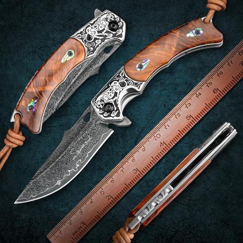 NEWOOTZ Damascus Folding Pocket Knife with Sheath Rosewood and Seashell Handle Portable EDC Knives for Survival Gift Collection ► Photo 1/6