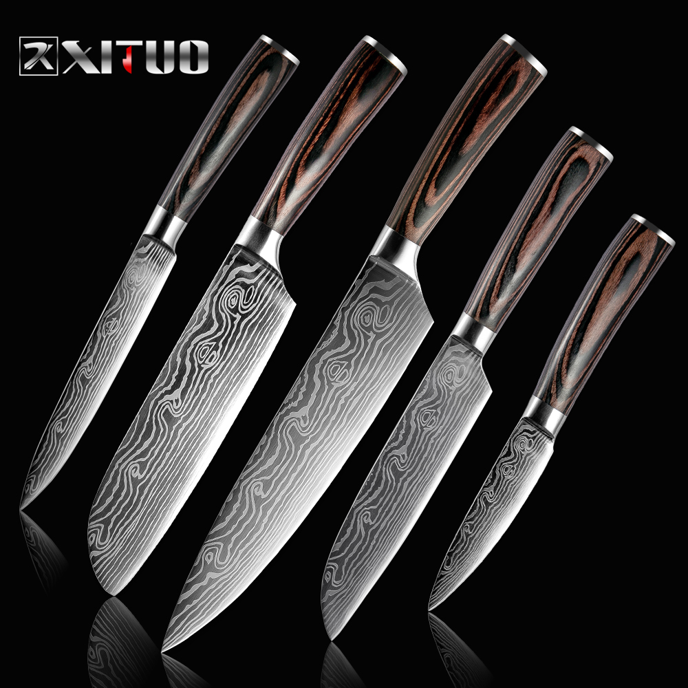 4PCS Japanese Kitchen Knives Laser Damascus Pattern Chef Knife Sharp  Santoku Cleaver Slicing Utility Knives Tool