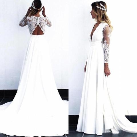 2022 Wholesale Charming White Long Sleeve Bridal Wedding Gowns Lace Deep V Neckline Wedding Dress for Bride Cut Out Back A Line ► Photo 1/6