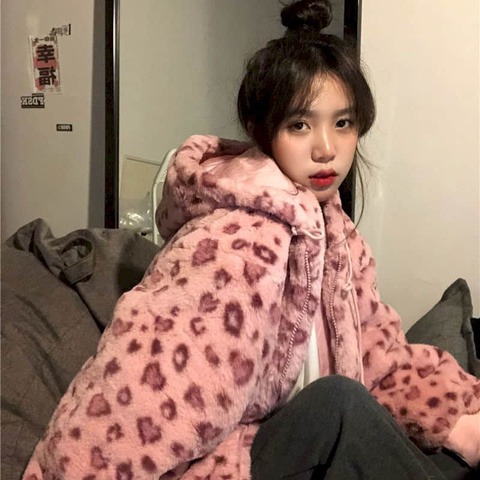 Lamb Wool coat Women winter pink leopard Padded Jacket Korean new loose plus velvet thick retro light up the street coat cool ► Photo 1/6