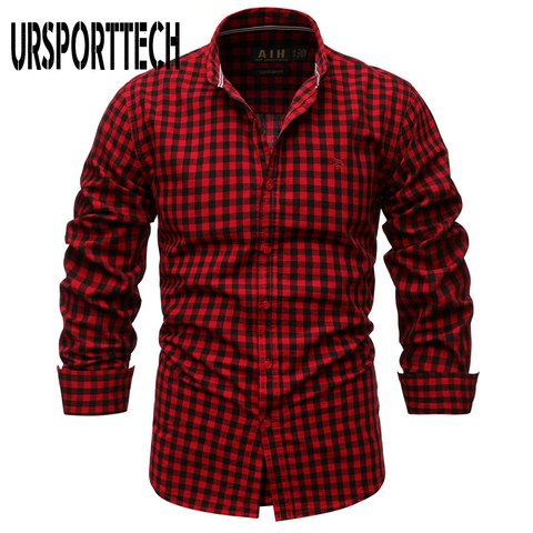 URSPORTTECH Plaid Shirt Men Spring Autumn New 3/4 Sleeves 100% Cotton Shirt Men's Slim Fit Business Casual Shirts High Quality ► Photo 1/1