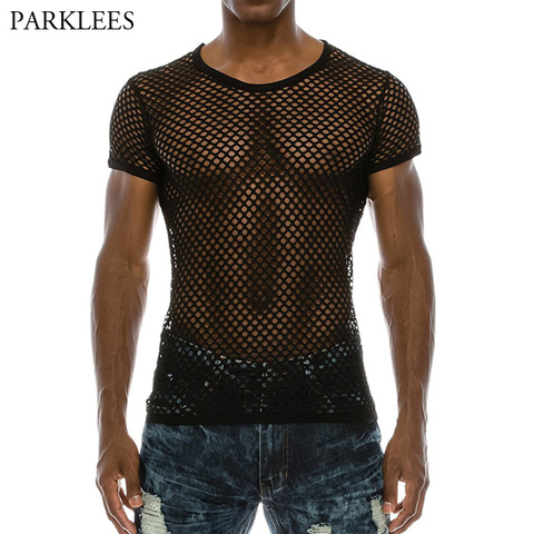 Men's Mesh See-through Fishnet T Shirt 2022 Fashion Sexy Short Sleeve Nightclub Wear T-shirt Men Party Perform Streetwear Tops ► Photo 1/6