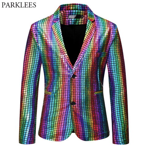 Mens Stylish Dancer Stage Blazer Jacket Gold Silver Rainbow Plaid Sequin Blazer Male Disco Festival Carnaval Party Prom Costumes ► Photo 1/6