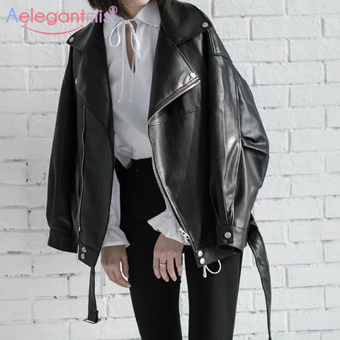 Aelegantmis Loose Women Soft Faux Leather Jacket With Belt Black Pu Leather Biker Jacket Lady Basic Coat Street Casual Outerwear ► Photo 1/6