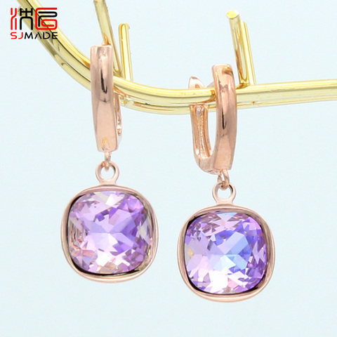 SJMADE Fashion Korean Elegant Colorful Square Crystal Dangle Earrings 585 Rose Gold White Gold Eardrop For Women Jewelry Gift ► Photo 1/6