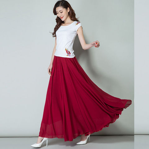 New Summer Chiffon Skirts Plus Size Full-Length Skirt High Waist Elegant Dance Skirt Pink Black Red Navy Blue White Long Skirts ► Photo 1/6