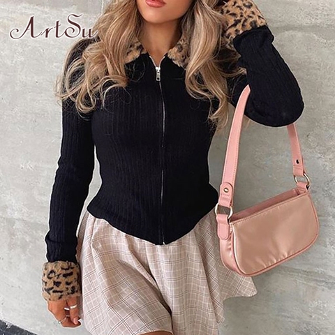 ArtSu Autumn Winter Black Knitted Leopard Crop Tops Women Slim Soft T-shirts 2022 Office Lady Casual Elegant Tee Femme ASTS21351 ► Photo 1/6