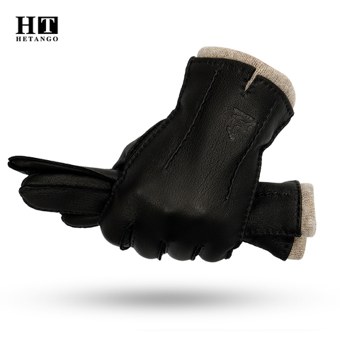 New Winter Men's Leather Gloves High-Grade Deerskin Hand-Sewn Warm Wear-Resistant Wave Pattern Cold-Proof Mitten 70% Wool Lining ► Photo 1/6